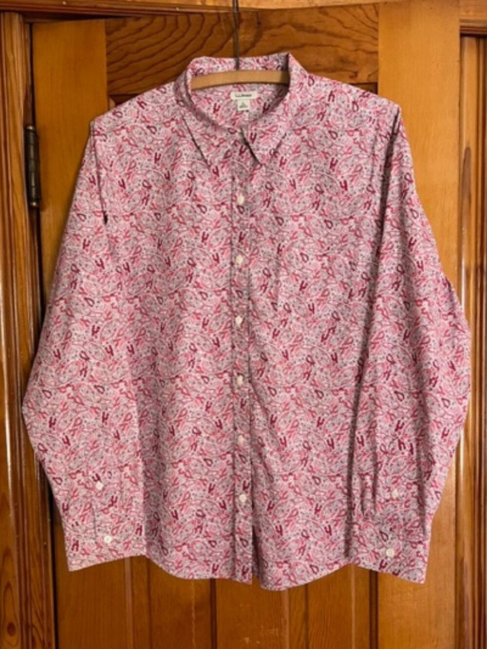 L.L. Bean Wrinkle-Free Pinpoint Oxford Vibrant Pink Paisley Shirt Woman's Large